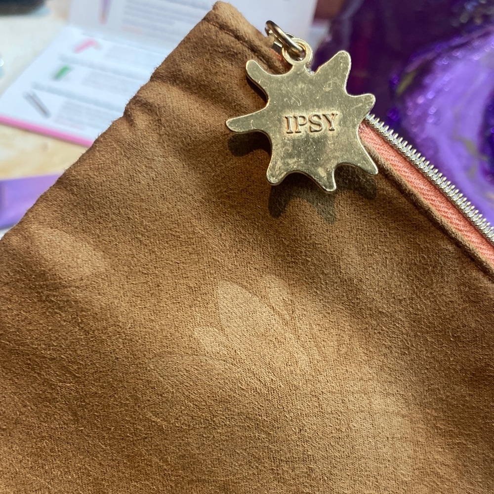 ipsy Tan Suede Cosmetic Pouch with Gold IPSY Charm